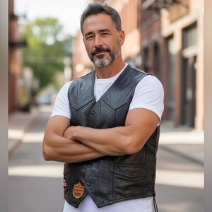 Diamond Plate Buffalo Leather EUC Motorcycle Vest Men's Hand-Sewn Pebble Grain3X